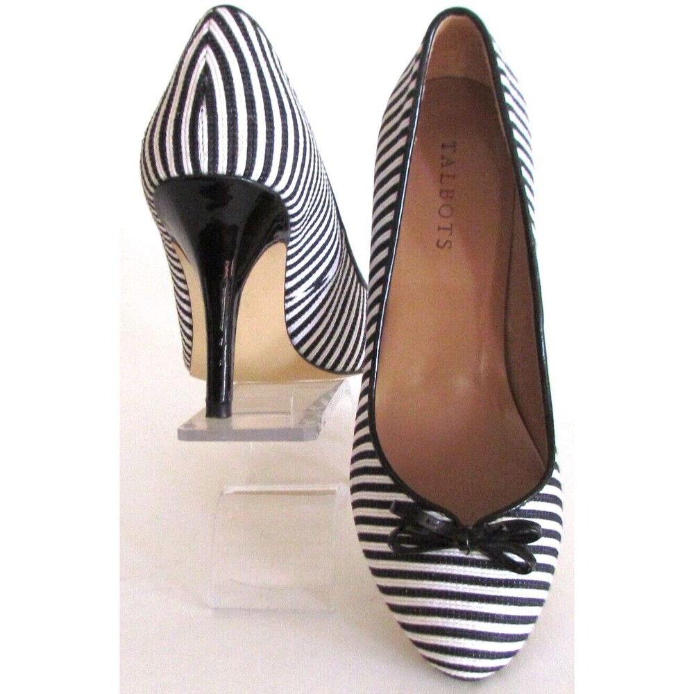 Designer Talbots Fabric Black/White Stripes Round Toe High Heel Shoes 8.5 M